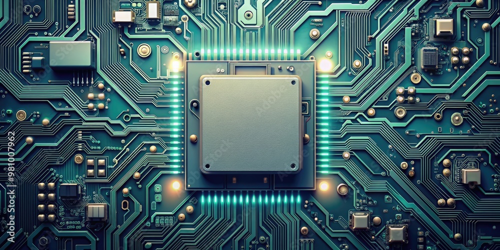 Fototapeta premium High-tech circuit board with robotic tone, monochromatic color scheme top view, technology, circuitry, electronics