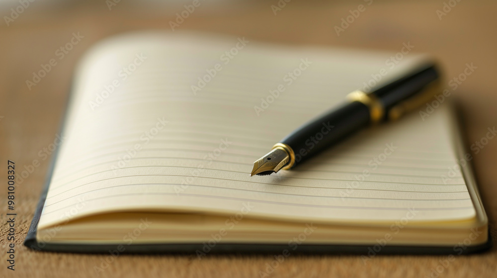 Fountain pen resting on an open notebook with lined pages ready for writing