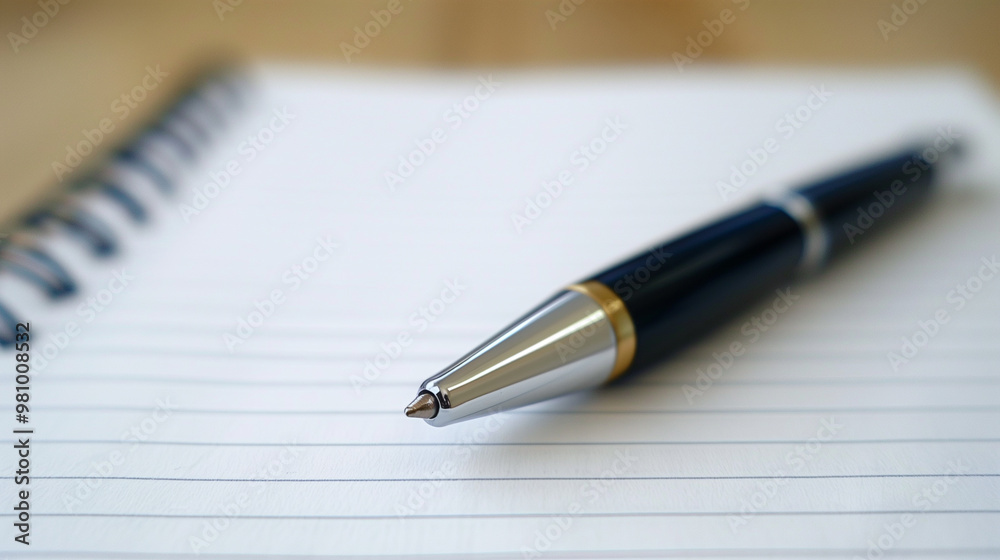 Fountain pen resting on an open notebook with lined pages ready for writing Fountain pen resting on an open notebook with lined pages ready for writing
