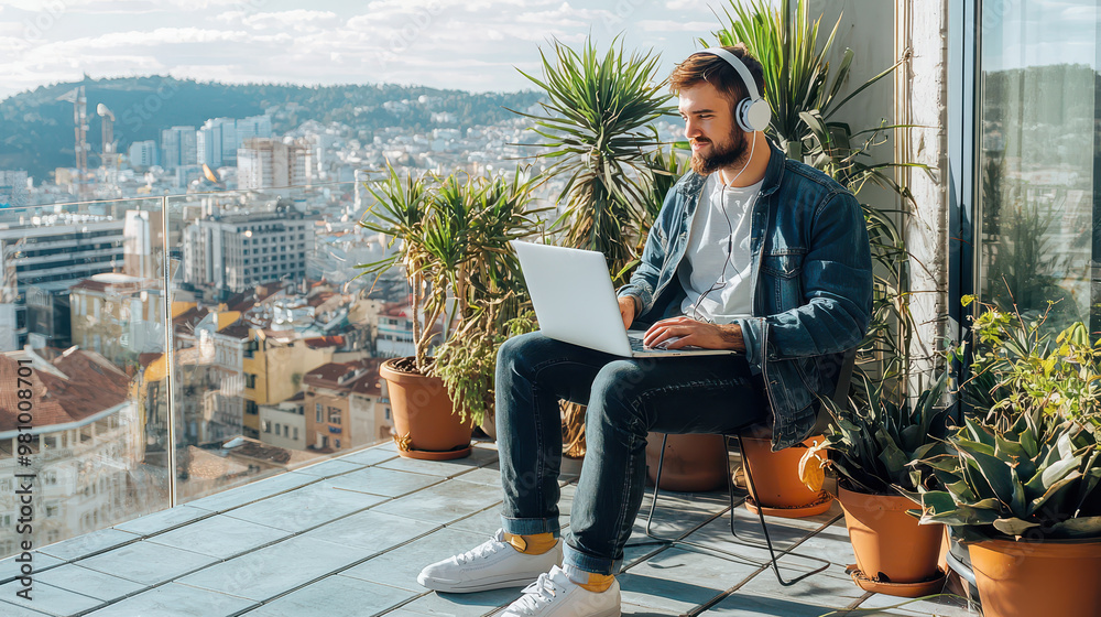 Young man working remotely on a laptop while enjoying the city view from a balcony surrounded by plants Young man working remotely on a laptop while enjoying the city view from a balcony surrounded by plants