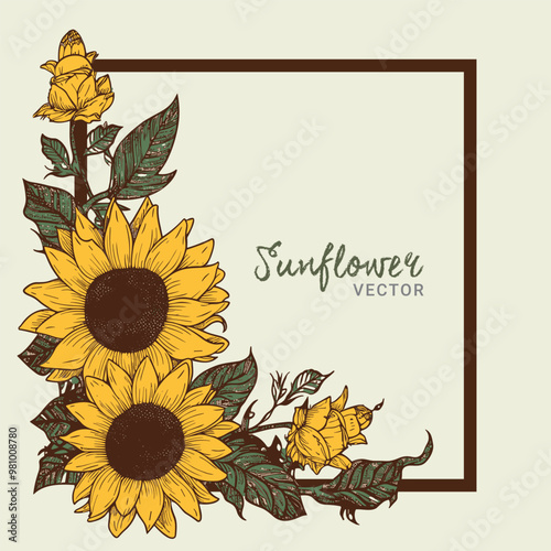 Hand drawn sunflower corner border design Vector