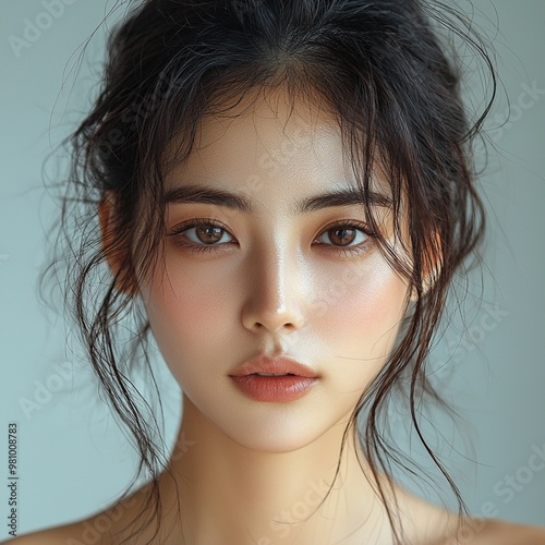 Beautiful female Asian beauty care models face front close up. Calm relaxed young Korean woman with soft clean perfect skin looking at camera