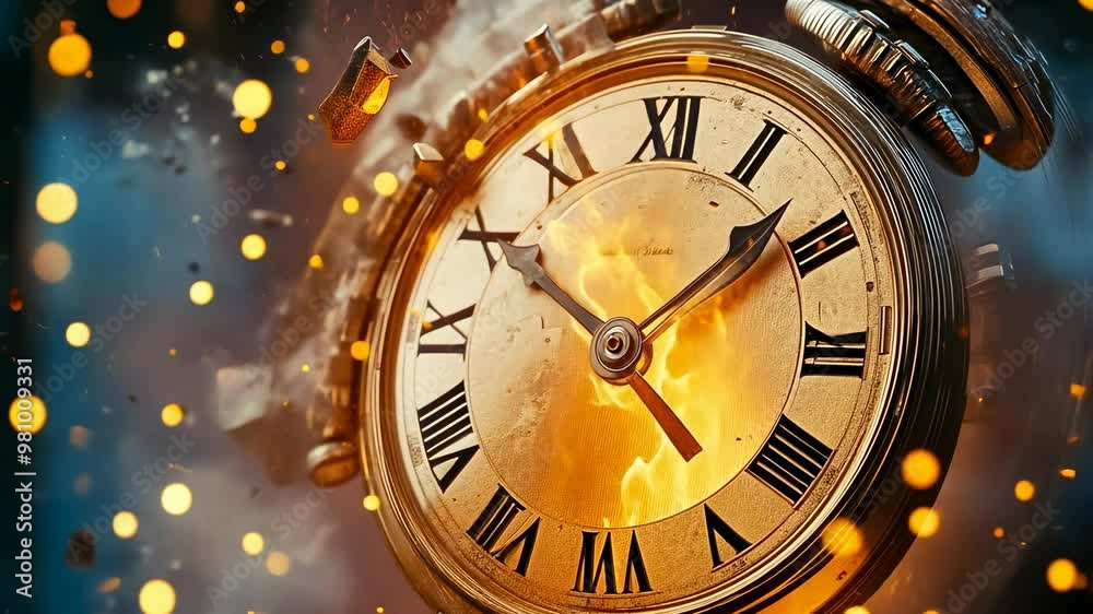 An antique clock dramatically explodes amidst fiery debris and sparks, suspended in mid-air. The clock's intricate details are highlighted as it's engulfed in flames and chaos. An antique clock dramatically explodes amidst fiery debris and sparks, suspended in mid-air. The clock's intricate details are highlighted as it's engulfed in flames and chaos.