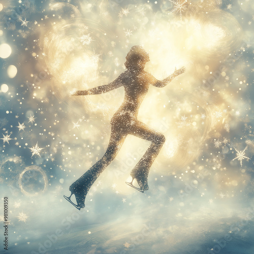 Surreal digital art of ice skater dancing with swirling snowflakes, dreamy winter landscape