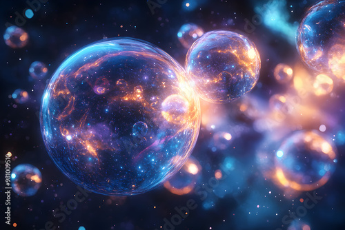 Clusters of glowing orbs floating in space, resembling abstract planets or bubbles