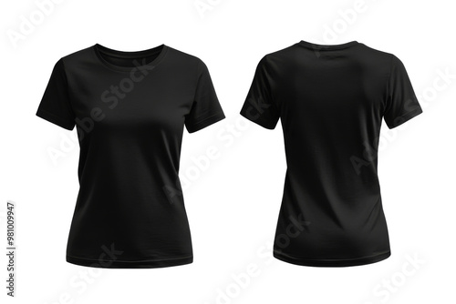Blank Short sleeve t shirt mockup, woman black T-shirts front and back view, used as design template isolated on white background