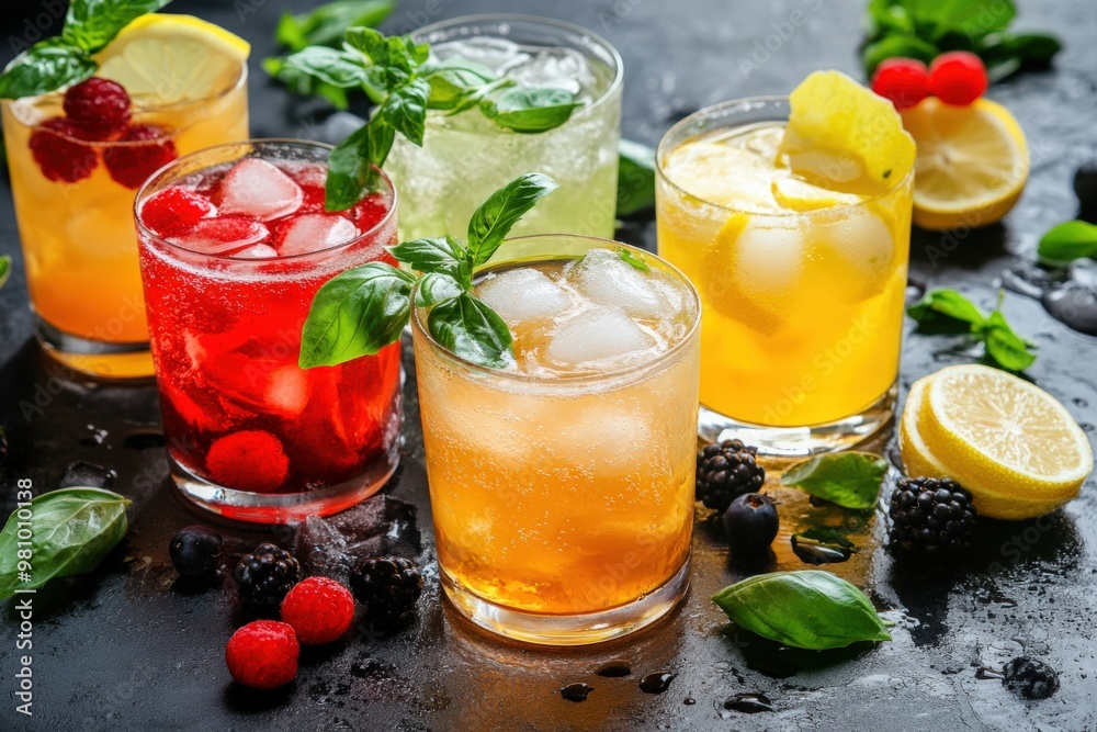 Non-Alcoholic Cocktails Assortment. Summer Drinks with Fresh Lemons and Berries Non-Alcoholic Cocktails Assortment. Summer Drinks with Fresh Lemons and Berries