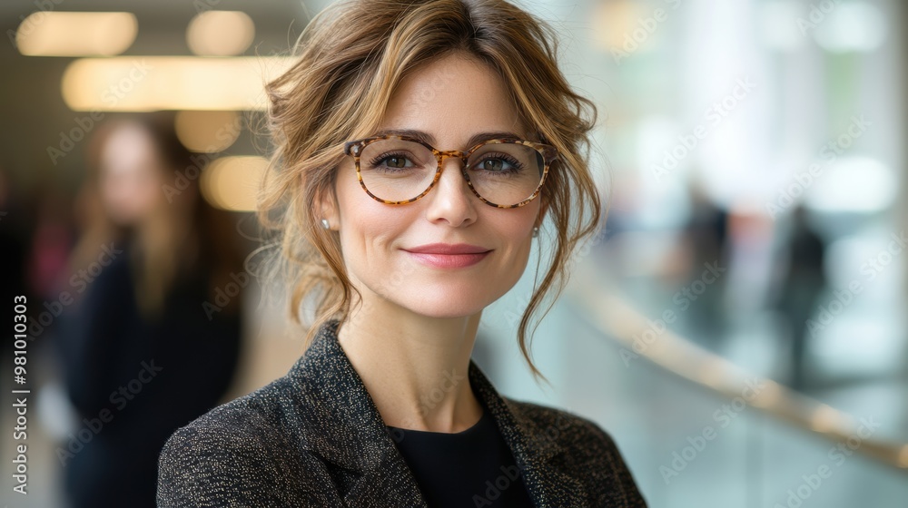 Confident woman with glasses standing in a modern office environment wearing a blazer and smiling warmly at the camera with a professional demeanor