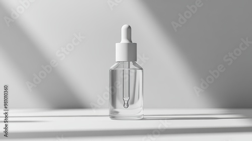 A simple, clear glass dropper bottle with a white cap, displayed in soft natural lighting and a clean background. photo