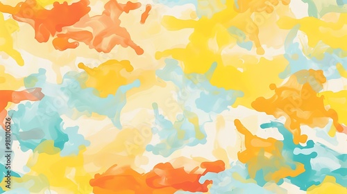 Abstract camouflage pattern blending warm yellow, soft orange, and light blue hues, evoking a vibrant summer sunset