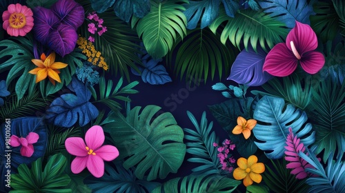 Vibrant exotic flora with brightly colored flowers and lush