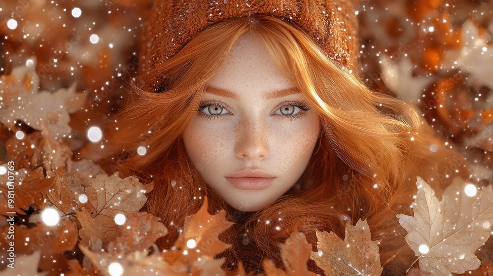 A portrait of a young woman with red hair lying among autumn leaves, glimmering in natural light with a soft, serene expression, capturing the essence of fall A portrait of a young woman with red hair lying among autumn leaves, glimmering in natural light with a soft, serene expression, capturing the essence of fall