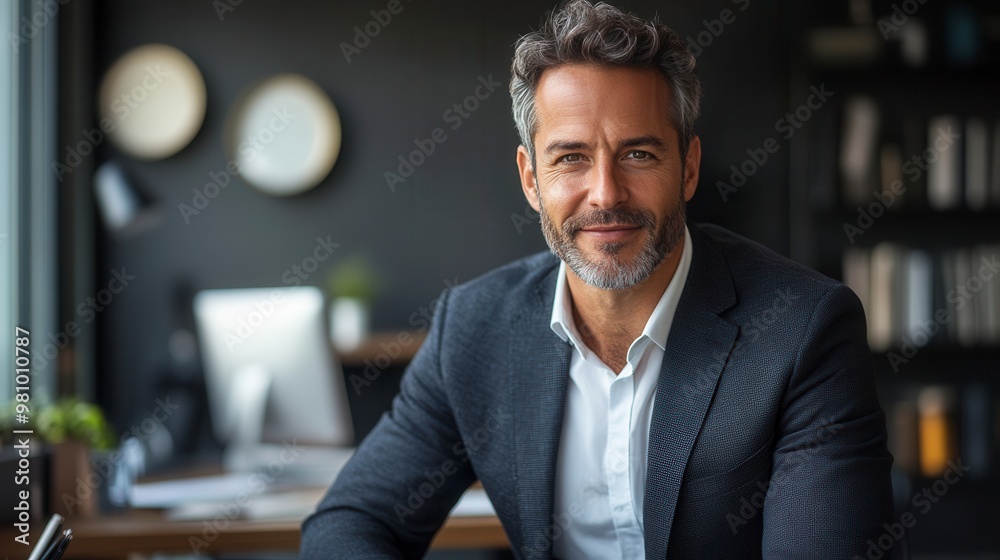 Fototapeta premium Confident businessman smiling in modern office setting