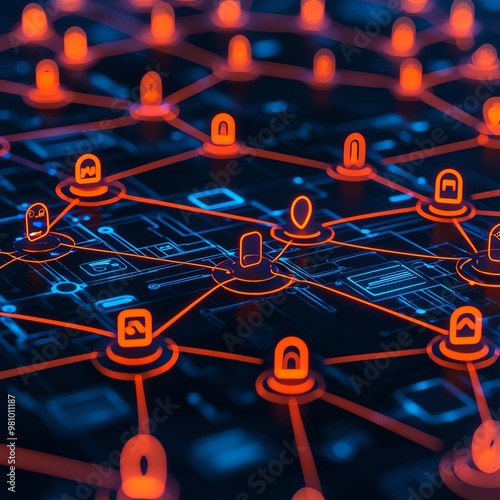 A vibrant digital network of interconnected nodes illuminated in blue and orange, symbolizing cybersecurity and data connectivity.