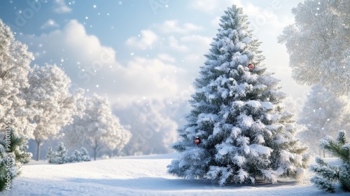 Snow-covered Christmas tree, outdoor holiday setting, 3D illustration