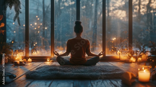 Woman meditating at home in winter with candles and warm lighting photo