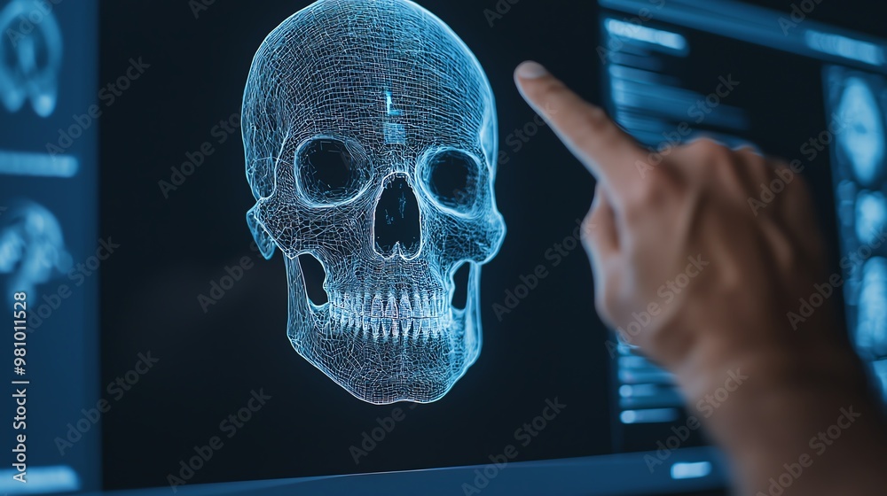 A hand points at a digital display of a 3D skull model, illustrating advanced imaging technology in a medical or educational context. A hand points at a digital display of a 3D skull model, illustrating advanced imaging technology in a medical or educational context.