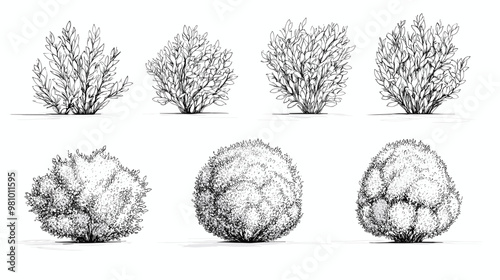 Set of vector bush illustrations on a white background. Architectural Drawings, Minimal style cad bush drawing, Side view, set of graphics bushes elements outline symbol for landscape design drawing