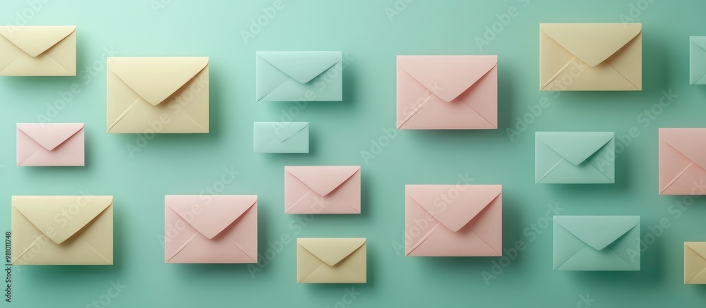 3D rendering of pastel colored envelopes arranged in rows on a green background 3D rendering of pastel colored envelopes arranged in rows on a green background