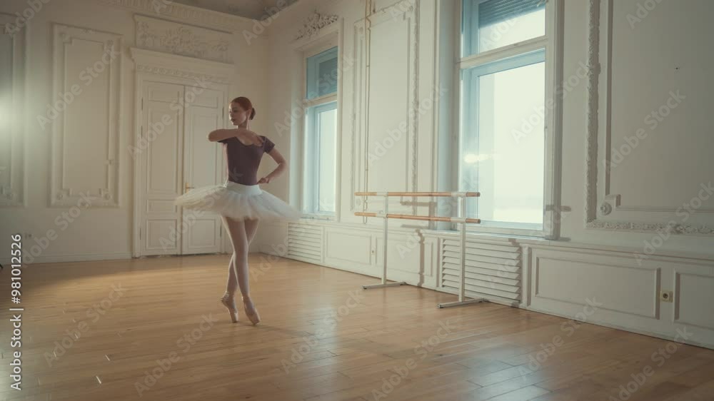 Slender graceful ballerina in tutu dancing in rehearsal room, slow motion. Attractive female ballet dancer exercising in dance hall, standing on parquet with pointe shoes, classical dance performance Slender graceful ballerina in tutu dancing in rehearsal room, slow motion. Attractive female ballet dancer exercising in dance hall, standing on parquet with pointe shoes, classical dance performance
