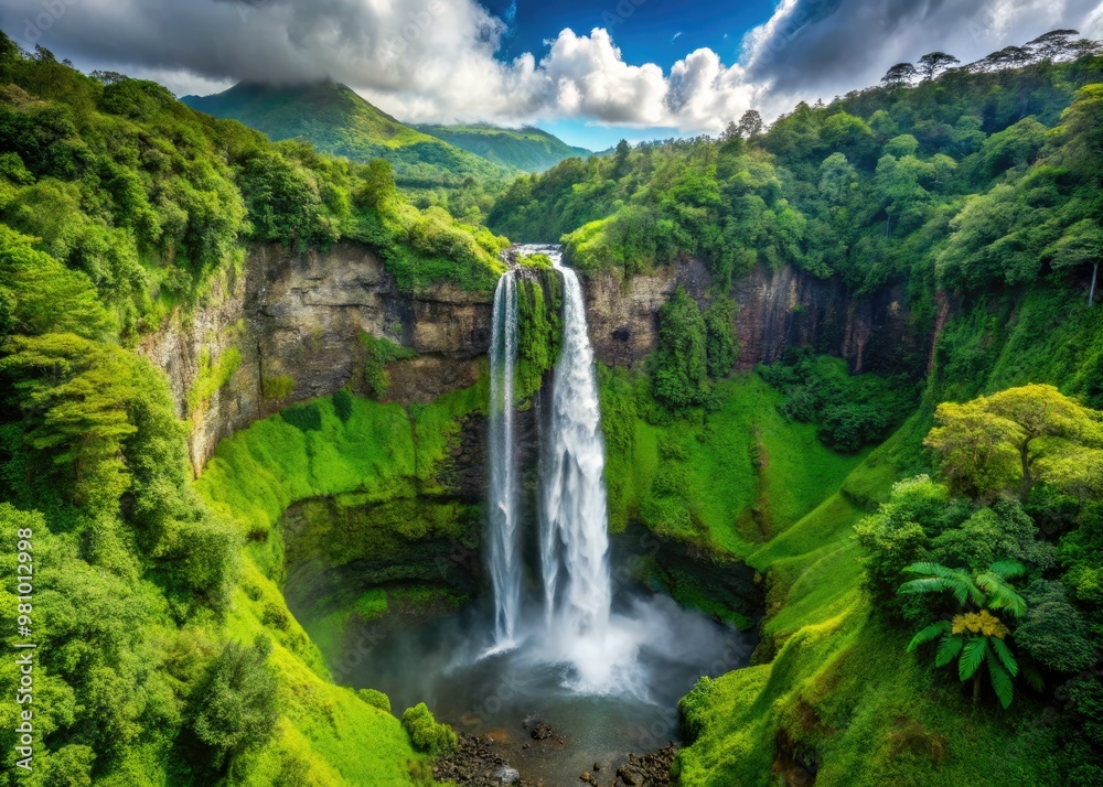 Fototapeta premium A lush green cliff's staircase to the sky, an enormous waterfall plunges downwards, a dazzling display of nature's power in a tropical haven.