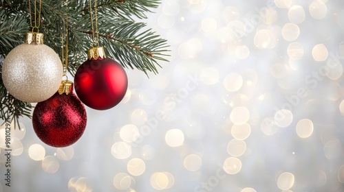 Elegant Christmas ornaments in festive red and gold hanging from delicate pine branches, with soft, shimmering lights filling the background.