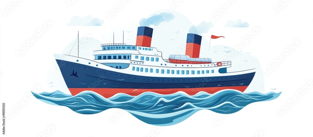 Illustration of sea travel featuring a steamboat cruise in a flat style Depicts a journey across the open ocean with blue and red accents representing maritime transport on a white background
