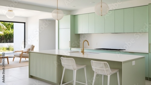 modern, minimalist kitchen and living area with a light and airy aesthetic. The kitchen features pastel green cabinetry with sleek, flat-panel doors and a matching island with vertical grooves