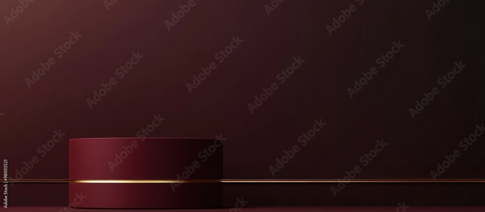 Obraz premium 3D rendering of a vibrant maroon and dark red empty product display scene featuring a cylindrical podium or stand viewed from above with a golden line for showcasing luxury items against a minimal