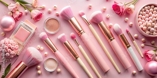 Delicate pink makeup brushes and cosmetics arranged artfully on a soft pink backdrop, evoking a sense of femininity, elegance, and sophistication in a serene setting. photo