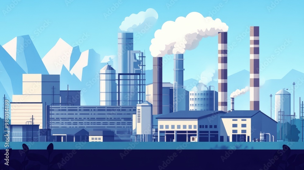 Fototapeta premium Modern industrial plants with smoke depicted through flat illustrations showcasing factory buildings