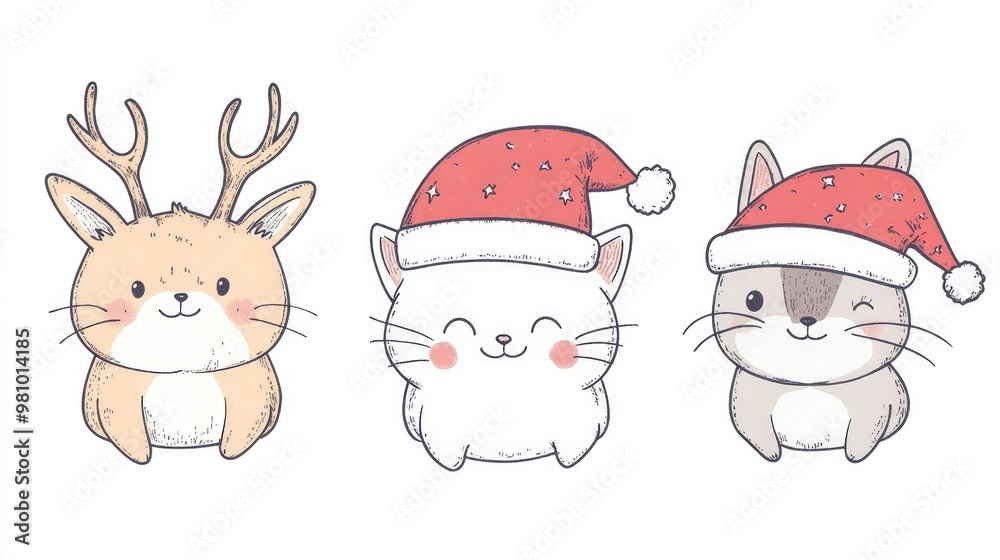 Festive holiday greeting Adorable bear bunny and cat characters in red Santa hat and deer antlers Whimsical kawaii animal doodle collection Line art of cute pets on a white backdrop Festive holiday greeting Adorable bear bunny and cat characters in red Santa hat and deer antlers Whimsical kawaii animal doodle collection Line art of cute pets on a white backdrop