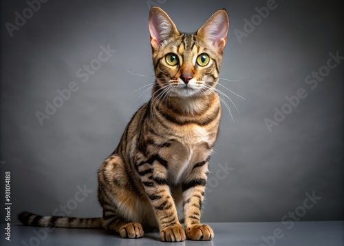 A slender African cat boasts striking tabby markings, its large, expressive eyes shining like stars on a clear night.