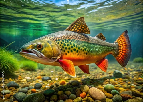 A tiger trout's exotic pattern of orange and green hues glimmers on its speckled body as it glides effortlessly through crystal-clear waters.