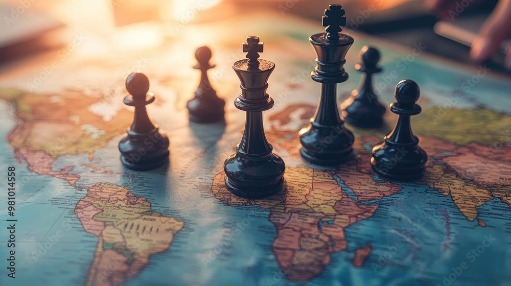 Strategic chess game on a world map, with pieces symbolizing companies competing for dominance across international markets. Strategic chess game on a world map, with pieces symbolizing companies competing for dominance across international markets.