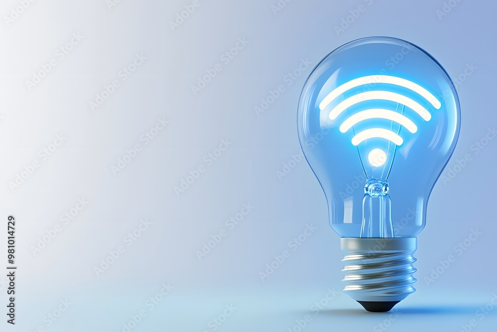 3D illustration of a light bulb with a calm blue glow and a radiant Wi-Fi symbol inside, isolated on a white background 3D illustration of a light bulb with a calm blue glow and a radiant Wi-Fi symbol inside, isolated on a white background