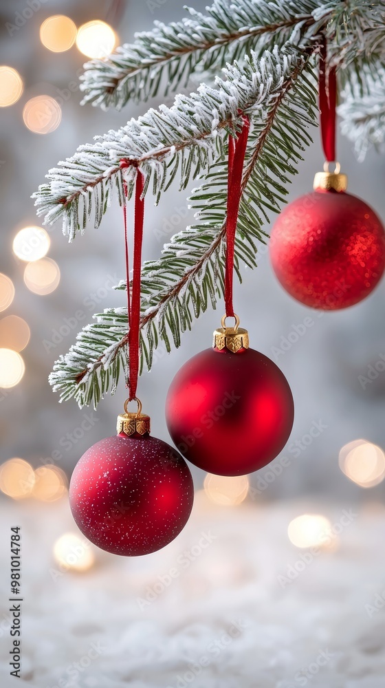 An elegant Christmas decor scene with red and gold ornaments hanging from frosted pine branches, set against a backdrop of softly glowing lights. An elegant Christmas decor scene with red and gold ornaments hanging from frosted pine branches, set against a backdrop of softly glowing lights.
