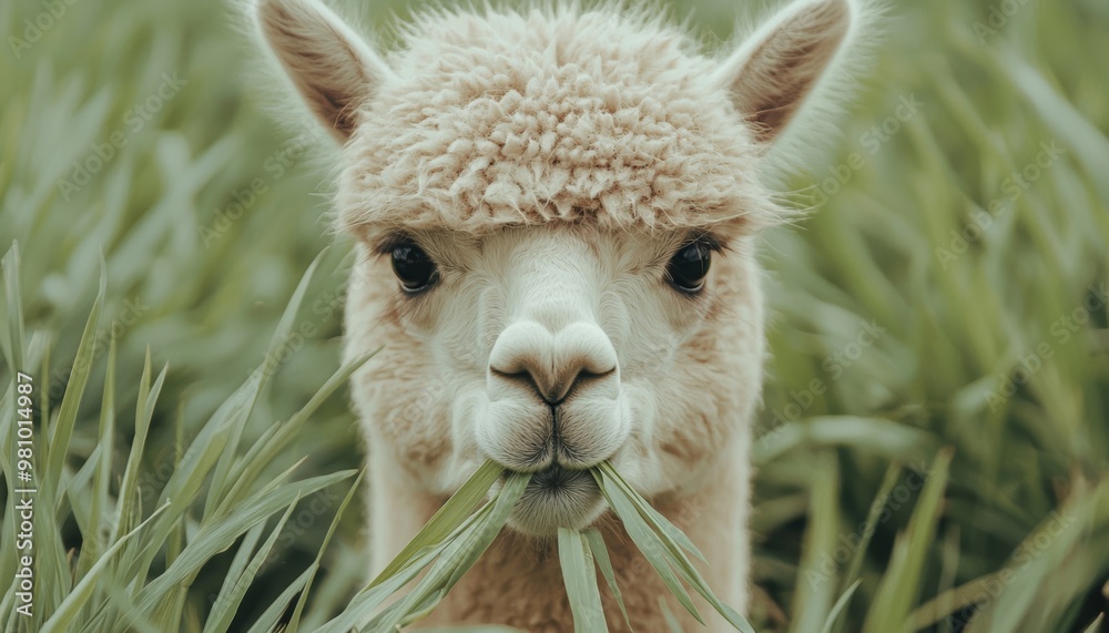 An intimate shot of a grazing alpaca, with blades of green grass slipping through its teeth, creating a calm and serene pastoral scene. An intimate shot of a grazing alpaca, with blades of green grass slipping through its teeth, creating a calm and serene pastoral scene.