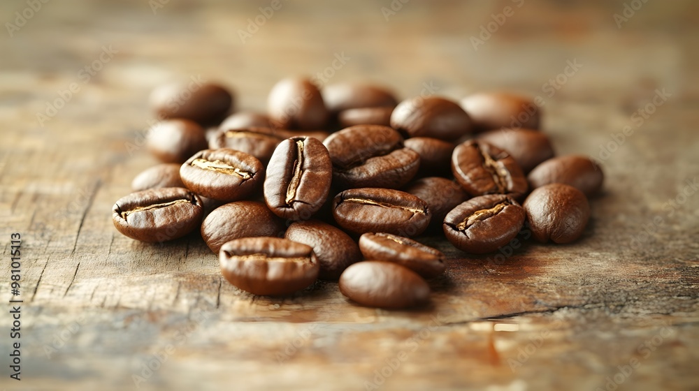 Aromatic Roasted Coffee Beans on Rustic Wooden Table Aromatic Roasted Coffee Beans on Rustic Wooden Table