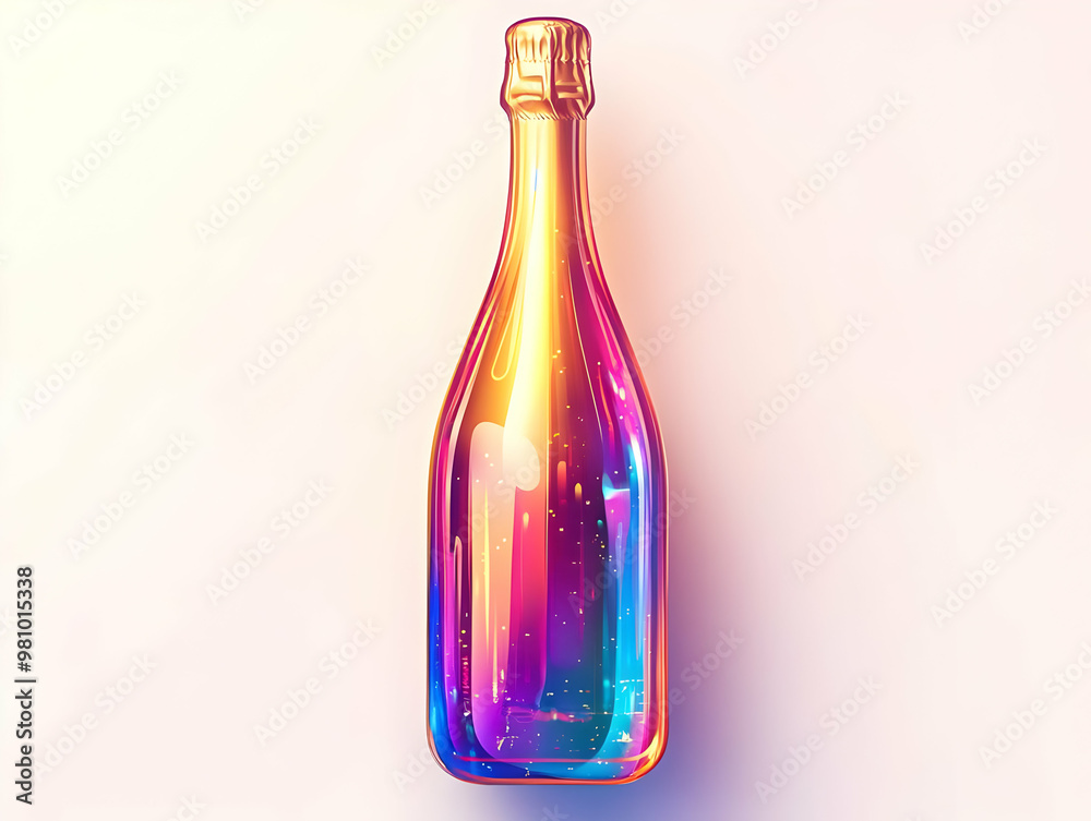 Close-Up of a Flat Holographic Champagne Bottle Neck Design with Glowing Label on White Background for Elegant Visuals and Branding Close-Up of a Flat Holographic Champagne Bottle Neck Design with Glowing Label on White Background for Elegant Visuals and Branding