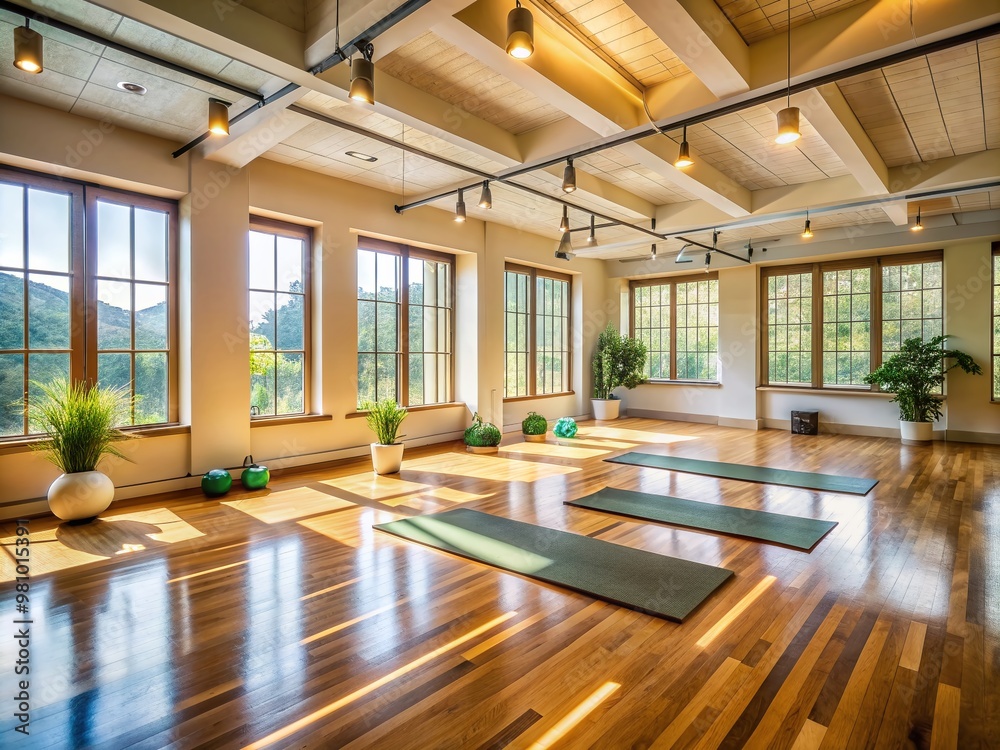 Fototapeta premium Serene yoga studio with natural light, warm wood floors, and minimal decor, awaiting a skilled instructor to guide students in mindfulness and relaxation.