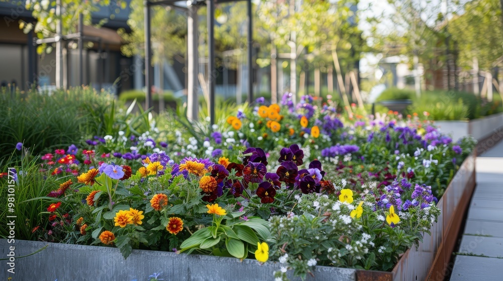 Fototapeta premium Urban gardens and community green spaces often feature flower beds that enhance cityscapes.