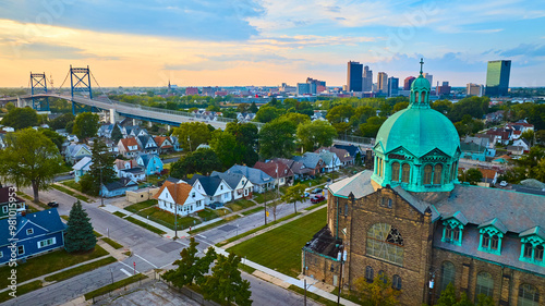 Aerial View Toledo Skyline with Church Cross and Bridge at Golden Hour photo