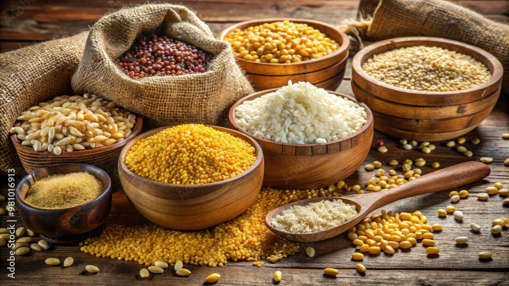 Golden piles of rice, corn, oats, and beans cascade from wooden bowls onto a burlap sack, overflowing with abundance. Golden piles of rice, corn, oats, and beans cascade from wooden bowls onto a burlap sack, overflowing with abundance.