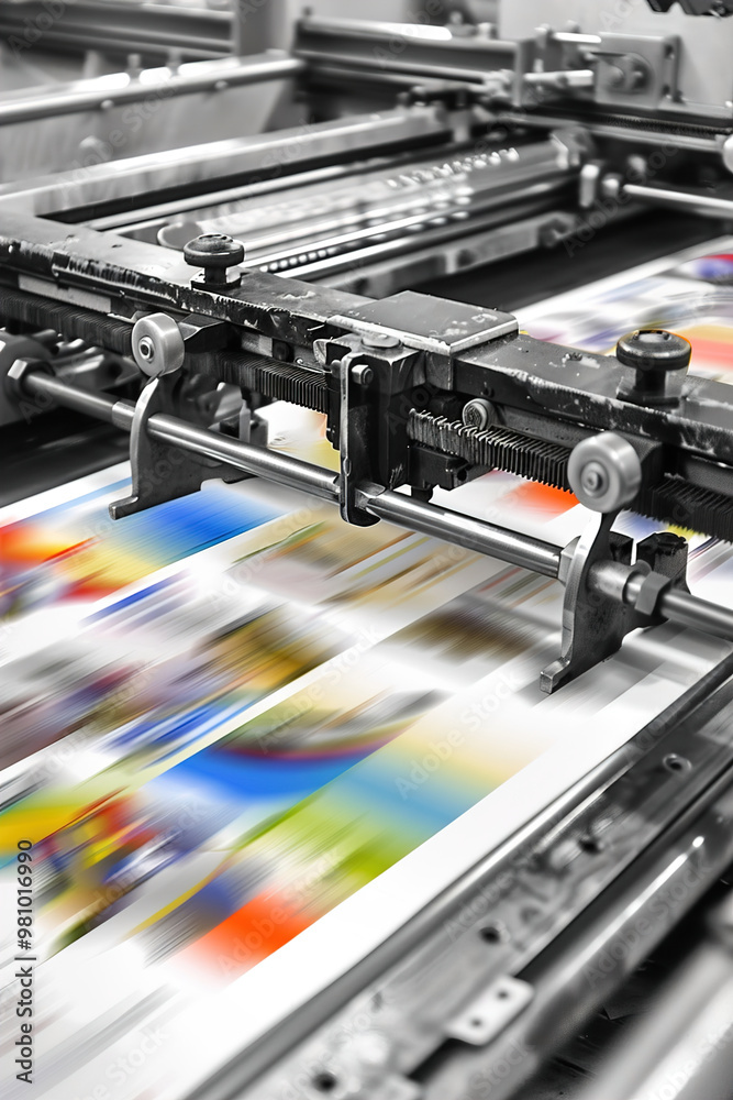 Fototapeta premium Printing press in action, freshly printed pages emerging, vibrant ink colors visible.