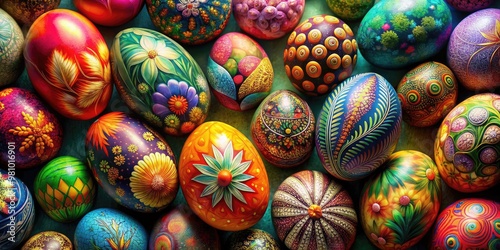 Vibrant collection of intricately designed Easter eggs showcasing a fusion of art and nature , Easter, eggs