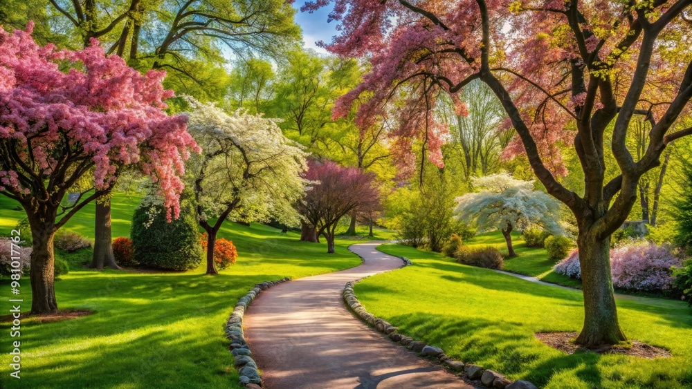 Lush green park with blooming trees and meandering pathways inviting exploration and tranquility. Lush green park with blooming trees and meandering pathways inviting exploration and tranquility.