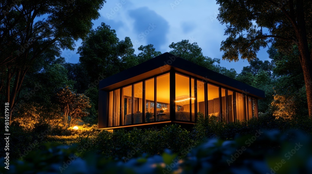 Futuristic cube house, sleek aluminum surfaces, large glass walls, surrounded by minimalist zen garden, neon accents at night, low-angle shot, futuristic architecture style Futuristic cube house, sleek aluminum surfaces, large glass walls, surrounded by minimalist zen garden, neon accents at night, low-angle shot, futuristic architecture style