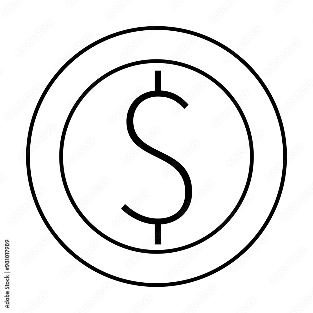 Black and white drawing style showcasing a dollar sign inside two concentric circles. Ideal for finance, commerce, banking, business, economy, and marketing. Simple drawing style. Black and white drawing style showcasing a dollar sign inside two concentric circles. Ideal for finance, commerce, banking, business, economy, and marketing. Simple drawing style.