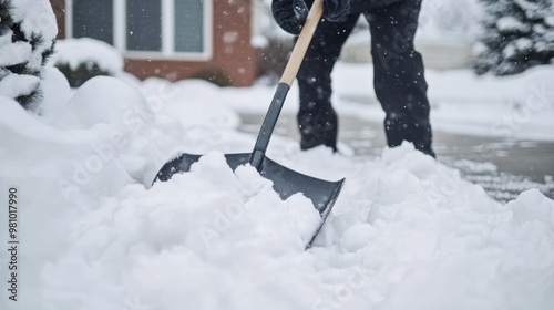 Winter Snow Shoveling Task Outside Residential Home photo